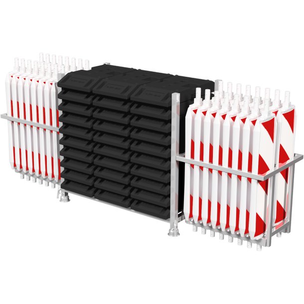 SET | with 30 traffic panels and accessories | on stacking pallet and beacon basket | with foil RA2/B, red/white | on both sides hatched | BASt turn traffic panel